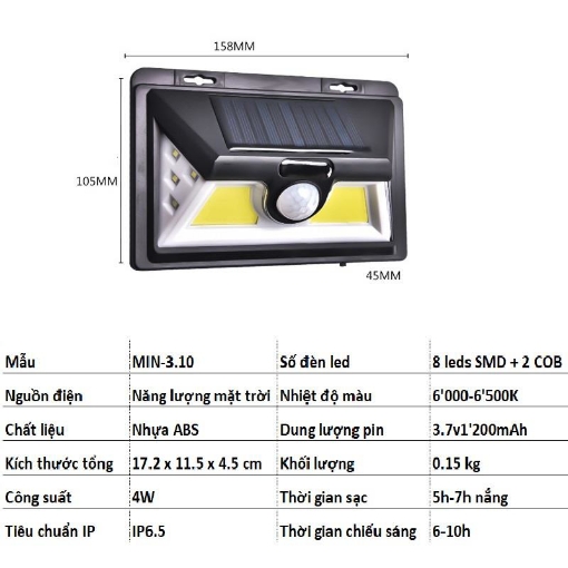 Picture of Đèn năng lượng mặt trời MIN-3.10, Ba mặt sáng tích hợp cảm biến bật tắt 2 LED COB