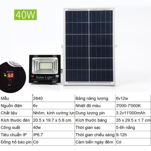 รูปภาพของ Đèn led năng lượng mặt trời SUN-2840 40W, Đèn năng lượng mặt trời IP 67 Có báo pin