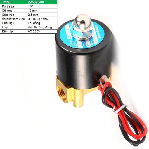 Picture of Van điện từ 2W-025-08 1/4", Φ12 mm, Van điện từ lõi đồng AC 220V,  Solenoid valve