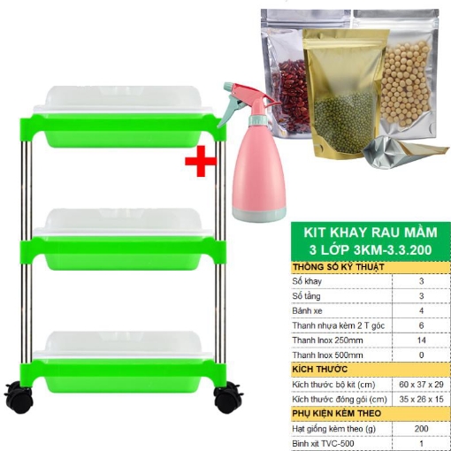 Ảnh của Bộ kit Khay trồng rau mầm thủy canh 3 lớp 3KM, Gồm Khay, Giá đỡ, Bình xịt, Hạt giống