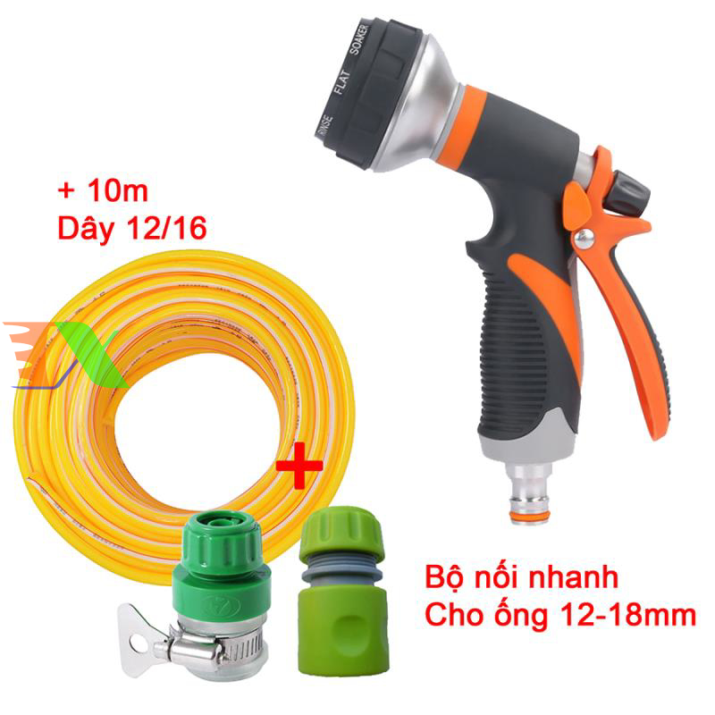 Vòi xịt nước tưới cây, rửa xe, phun sương đa năng (8 trong 1) kèm cút chuyển nhanh 16 siêu bền