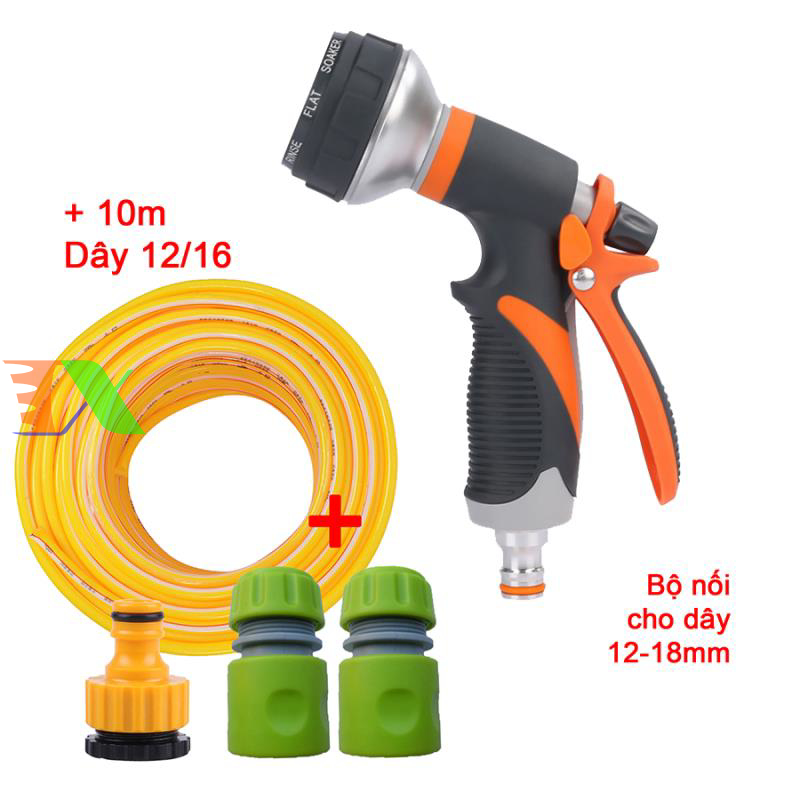 Vòi xịt nước tưới cây, rửa xe, phun sương đa năng (8 trong 1) kèm cút chuyển nhanh 16 siêu bền