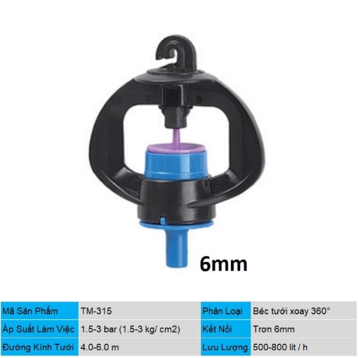 รูปภาพของ Béc tưới xoay phun mưa TM-315, Béc tưới xòe 360°, Đầu tưới xoay tự động Trơn 6 mm