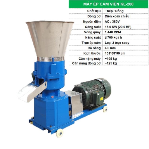รูปภาพของ Máy ép cám viên KL-260 cho Gia súc, Gia cầm, Cá, Máy xay nghiền thức ăn đùn viên cám
