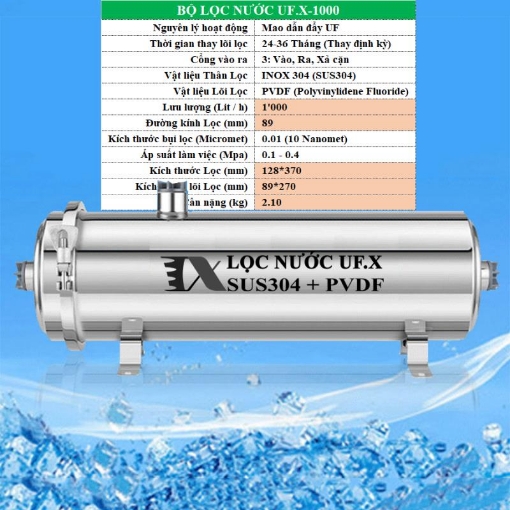 图片 Bộ Lọc nước UF.X-1000, Bình lọc nước sạch Inox 304 PVDF, Máy lọc nước đầu nguồn