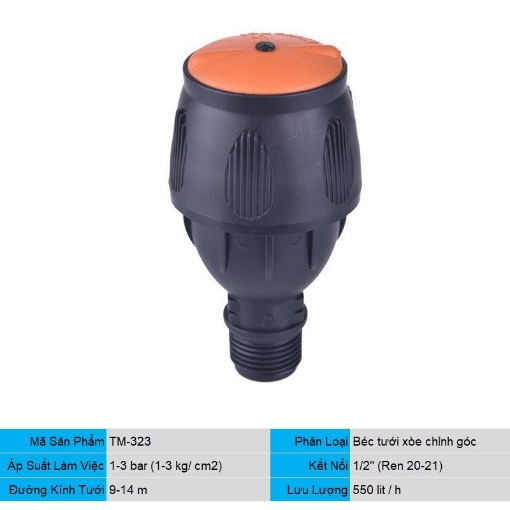 Ảnh của Đầu tưới xoay phun mưa TM-323, Béc bọ tưới xoay 360° chân ren 1/2" 20-21