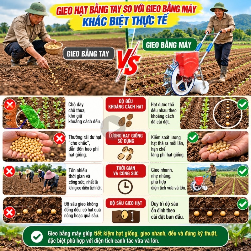 so sánh gieo hạt thủ công và gieo bằng máy gieo hạt Tháp Xanh