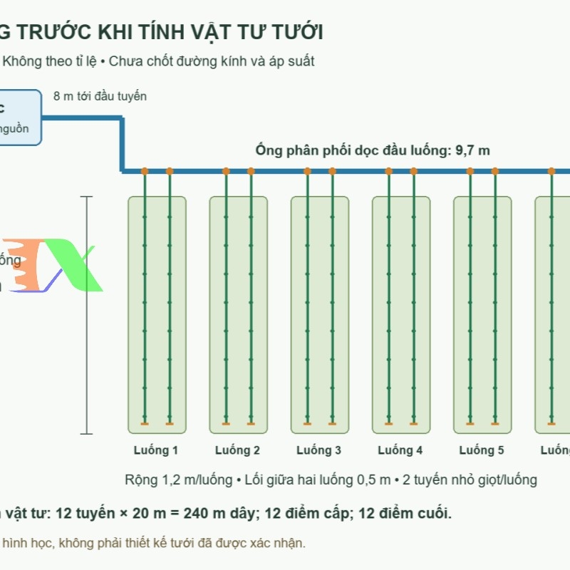 Sơ đồ giả định sáu luống rau và mười hai tuyến nhỏ giọt