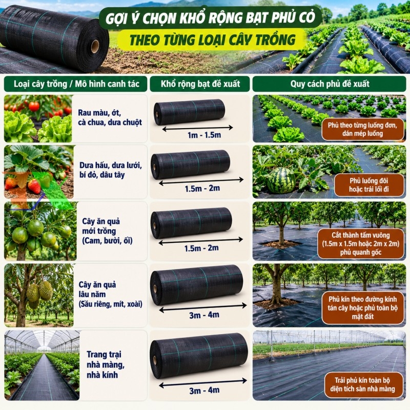 kích cỡ của bạt phủ cỏ 